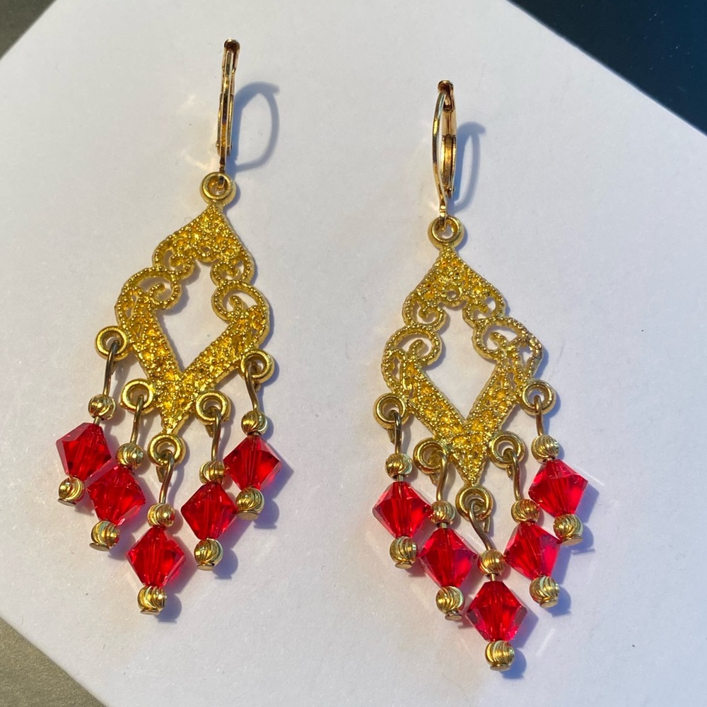 Red Glass and Gold Tone Chandelier Lever-back Dangle Earrings